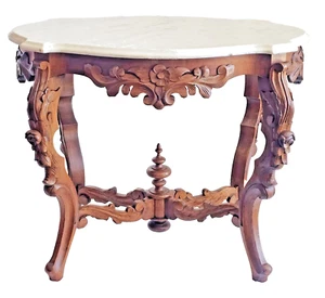 Victorian White Marble Top Rococo Flower Carved Walnut Parlor Table Circa 1880s - Picture 1 of 21