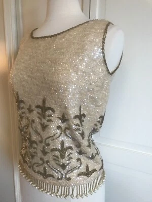 DE COLECCIÓN Art Deco Cuentas a Mano Lana Sin Mangas Shell Top Cami Hong Kong Flecos Foto 1 de 4