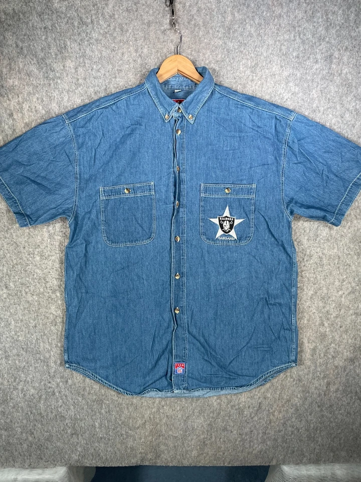 Vintage Raiders Shirt Mens XL 16/16.5 Blue Denim Oversized Oakland NFL - Image 1 of 4