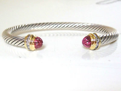 $1950 DAVID YURMAN ORO 18K,SS ROSA TURMALINA DIAMANTE CABLE PULSERA 5mm Foto 1 de 3
