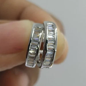 14K White Gold Plated Baguette Cut Simulated Diamond Huggie/Hoop Earrings Unisex - Picture 1 of 7