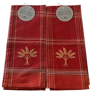 DII Burnt Orange Plaid Embroidered Wheat Kitchen Towels Set of 2 Cotton 18x28 - Picture 1 of 5
