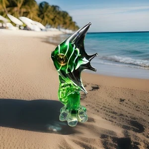 Murano Style Vtg Glass Green Striped Angel Fish Tropical Handblown  Figurine - Picture 1 of 8
