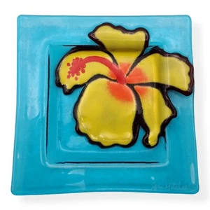 Signed Jan Mitchell Studio Art Fused Glass Hibiscus Flower Blue Trinket Dish 6" - Picture 1 of 3