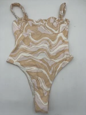 Traje de baño de una pieza Abercrombie & Fitch blanco melocotón remolino con aros retro XS Foto 1 de 4