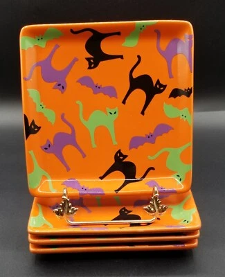 Crate and Barrel Set of 4 Halloween Cat Square Cookie Dessert Plates - Image 1 of 3