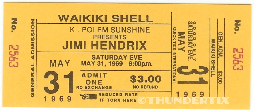 1 1969 JIMI HENDRIX UNUSED FULL TICKET WAIKIKI HAWAII YELLOW laminated reprint - Image 1 of 1