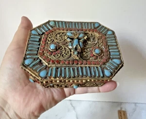Antique Tibetan Nepalese Coral and Turquoise Brass Inlaid Box 5”x3.5” - Picture 1 of 13