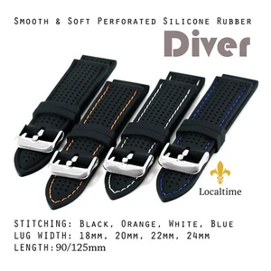 CLEARANCE Perforated Smooth Silicone Watch Straps 18mm-24mm Coloured Stitching - Picture 1 of 16