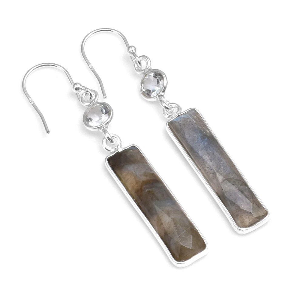 Pendientes de plata de ley 925 maciza de topacio blanco labradorita joyería 1,92" SE-8280 Foto 1 de 1