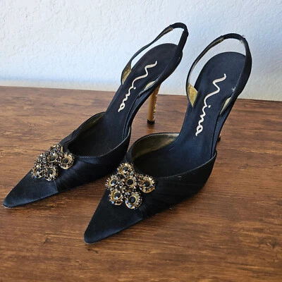 Zapatos de tacón de aguja Nina Vintage Y2K negros punta puntiaguda tacón dorado con tira trasera 6,5 Foto 1 de 4