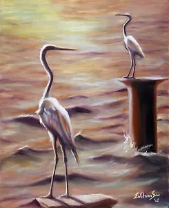 Original Oil Painting of Snowy Egret - Caught Any Fish?, 8x10in, Framed, Signed - Picture 1 of 3