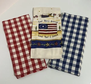 NWT Gift Set of 3 Kay Dee Kitchen Towels GOD BLESS AMERICA Gingham Patriotic USA - Picture 1 of 10