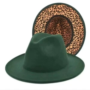 Womens Forest Green And Leopard Fedora - Picture 1 of 1