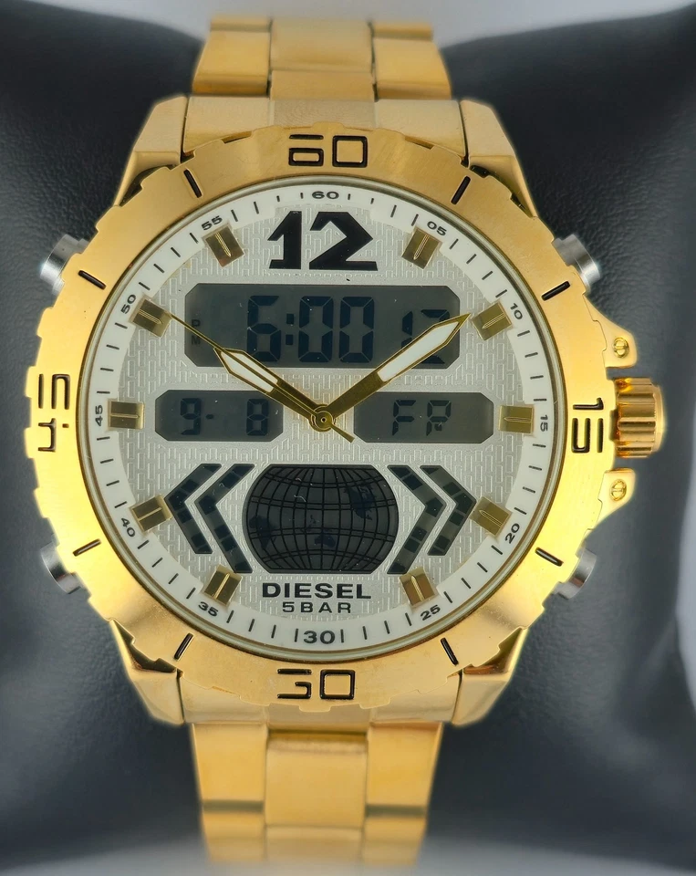 Reloj pulsera de cuarzo de lujo Diesel para hombre analógico-digital esfera blanca caja chapada en oro Foto 1 de 4