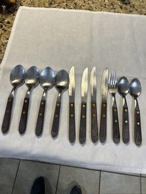 Lote de 11 cubiertos de acero inoxidable con mango de madera Washington Forge Town & Country de colección EE. UU. Foto 1 de 4