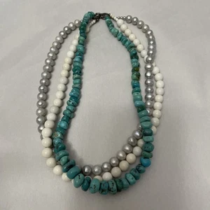 SX Halskette 925 Sterling Silber Multi Strang Türkis Perle Perle weißer Achat - Bild 1 von 13