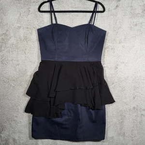 H&M Schößchen Kleid Damen Größe 14 Blau mit Schwarz Chiffron Rüschen Ärmellos Mini - Bild 1 von 9