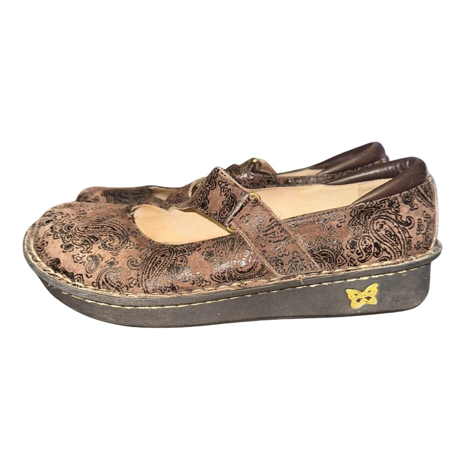 Zuecos Alegria Jill Mary Jane para mujer talla 8 cuero marrón estampado cachemira zapatos  Foto 1 de 4