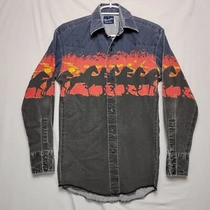 Vintage Wrangler Brushpopper Sunset Horses Western Shirt Pearl Snap Mens Small - Picture 1 of 3