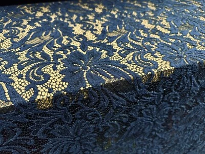 Soft Stretch Lace fabric With Scalloped Selvedge, per metre - floral - Navy Blue - Image 1 of 4