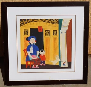 Wu Chi Yong Chinese Modernist Original Watercolor Gouache Woman, Child, Cat - Picture 1 of 4