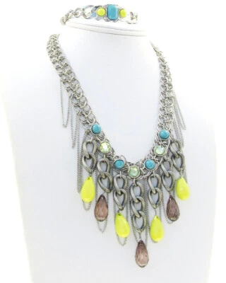 $86 Jessica Simpson "Tinsel Town" Blue Yellow Stone Necklace & Bracelet Set NEW - Image 1 of 4