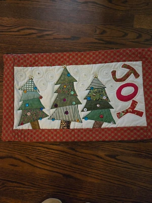 VTG Handmade Quilted Throw Pillow Cover Christmas trees JOY 14 x 25" - Image 1 of 4