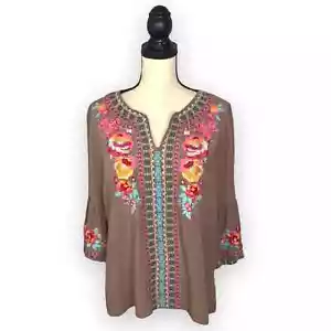 Andree Brown Embroidered Boho 3/4 Sleeve Blouse size Medium - Picture 1 of 11