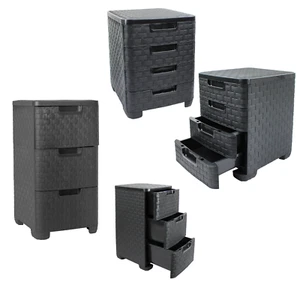 3/4 Drawers Storage Tower Plastic Black Rattan Effect Home Office Organiser Unit - Picture 1 of 16
