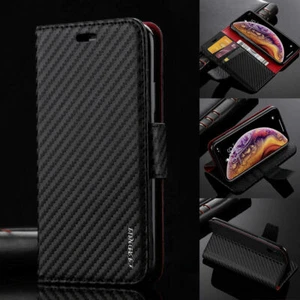 Lujo Carbono Abatible Billetera Estuche Cubierta con Ranuras para Tarjetas para iPhone y Samsung - Imagen 1 de 49
