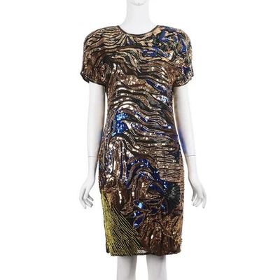 Vestido OLEG CASSINI Negro Corbata Vintage 8 Cuentas Lentejuelas Seda Manga Corta Funda Foto 1 de 4