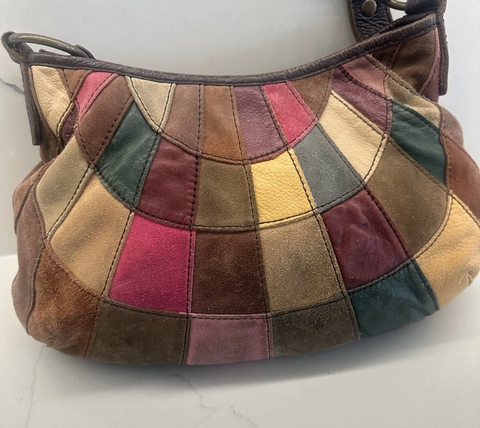 Y2K Lucky Brand Hobo Bag Multicolor Patchwork Suede Leather Purse Boho Colorful - Image 1 of 4