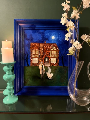 Original Oil Painting, 21x25 inches, Dog Walker, Blue, Night, Moon, Winter, Dog - Image 1 of 4