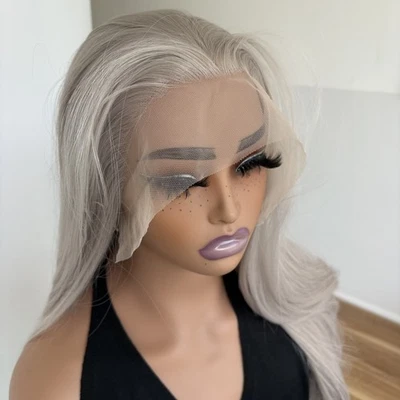 Peluca frontal sin pegamento sin encaje cabello sintético resistente al calor larga recta gris plateado Foto 1 de 4