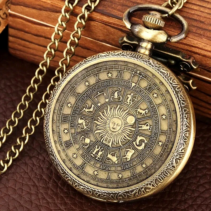 Tarot Bronze Pocket Watch Quartz Horoscope Constellations Compass Necklace Chain