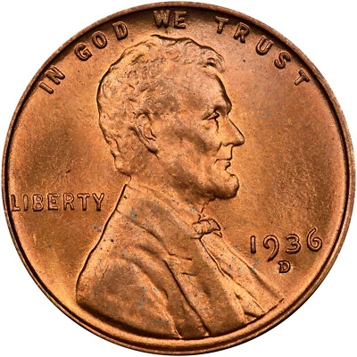 1936-D Uncirculated Lincoln Wheat Cent 1C - Image 1 of 2