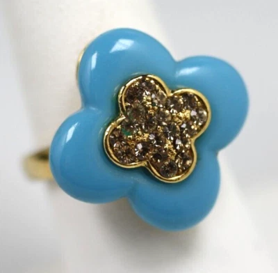 Gold Tone blue flower (plastic) champagne crystals sweet statement ring size 7 - Image 1 of 4