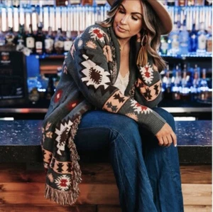 L New Western Long Fringe Cozy Cardigan Sweater Coat Southwest Women's LARGE - Picture 1 of 8