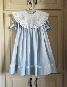 Vintage STRASBURG Sz 5 Heirloom Dress Blue w/White Embroidered Collar & Slip - Picture 1 of 14
