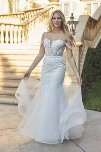 FORMAL OFF SHOULDER MAXI WEDDING DRESS W/ ILLUSION V-NECK & LACE EMBROIDERY - Picture 1 of 7