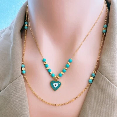 Collar Love Heart Turquesa Doble Capa Foto 1 de 4