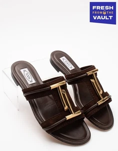 RRP€490 TOD'S Leather Slide Sandals US8.5 UK5.5 EU38.5 Brown Flat Made in Italy - Imagen 1 de 10