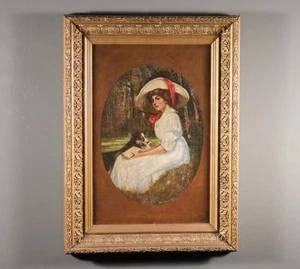 Antikes gerahmtes Öl auf Leinen Gemälde einer Frau mit Hund von Brouttier 1911 - Bild 1 von 16