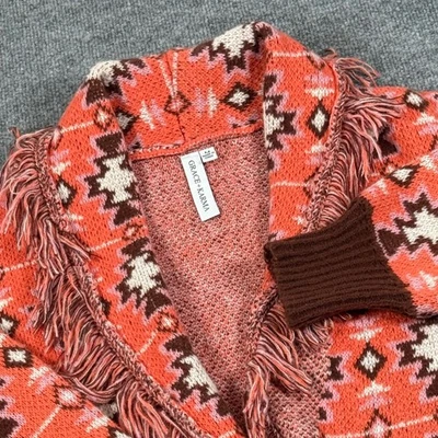 Cárdigan Suéter Tejido con Flecos Azteca del Suroeste Mediano Nativo Marrón Naranja Cabina Foto 1 de 4
