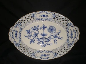 Meissen Cebolla Azul 12" Reticulado Ovalado Plato para Servir Bandeja Cesta Dos Mangos - Imagen 1 de 9