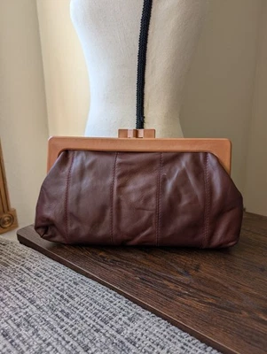 Vintage Brown Leather Celluloid Resin Kiss Lock Clutch Bag Purse - Изображение 1 из 4