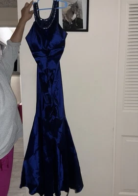 Sleeveless Navy Blue Satin Gown with Beaded Neckline - Image 1 of 4