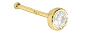 Solid 14kt White / Yellow Gold 22G Nose Bone Stud with Bezel Set Moissanite - Picture 1 of 19