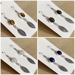 Carved Leaf Gemstone Drop Earrings Sterling Silver 925 Plated Labradorite Tigers - Picture 1 of 18